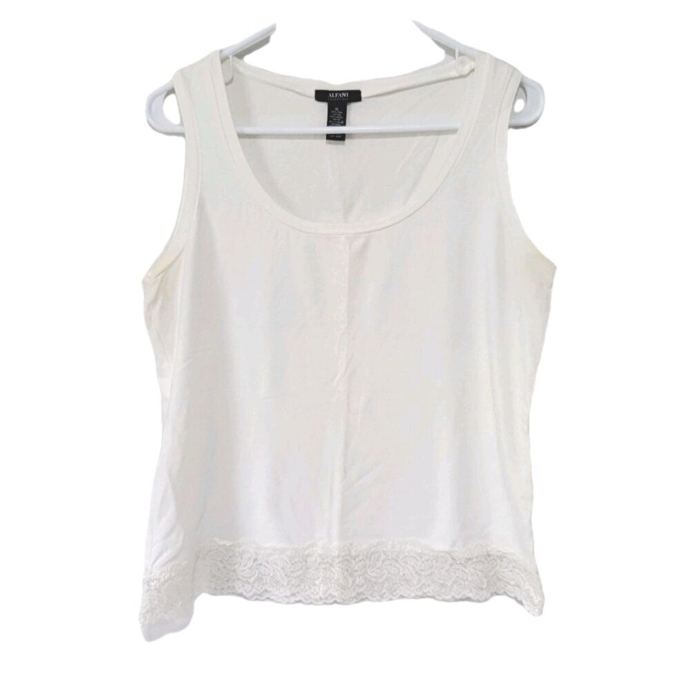 Alfani Essentials Tank Top XL Womens Off-White Lace Hem Sleeveless Pima Cotton
